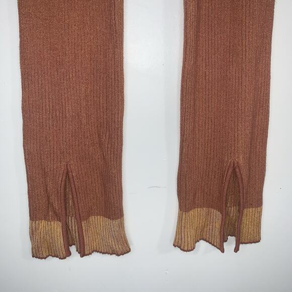 LES FRIDAY Ribbed Knit Waist Cut Out Bell Bottom Slit Pants Brown XS Stretch - Picture 4 of 10
